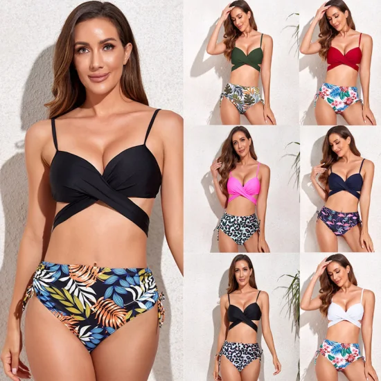 Neue heiße verkaufende schwarze Neckholder-Top-Bikini-Sets, Bademode, zweiteilige Rüschen-Badeanzüge, Badeanzüge mit Bauchkontrolle, schlankmachende Vintage-Bikinis für Frauen